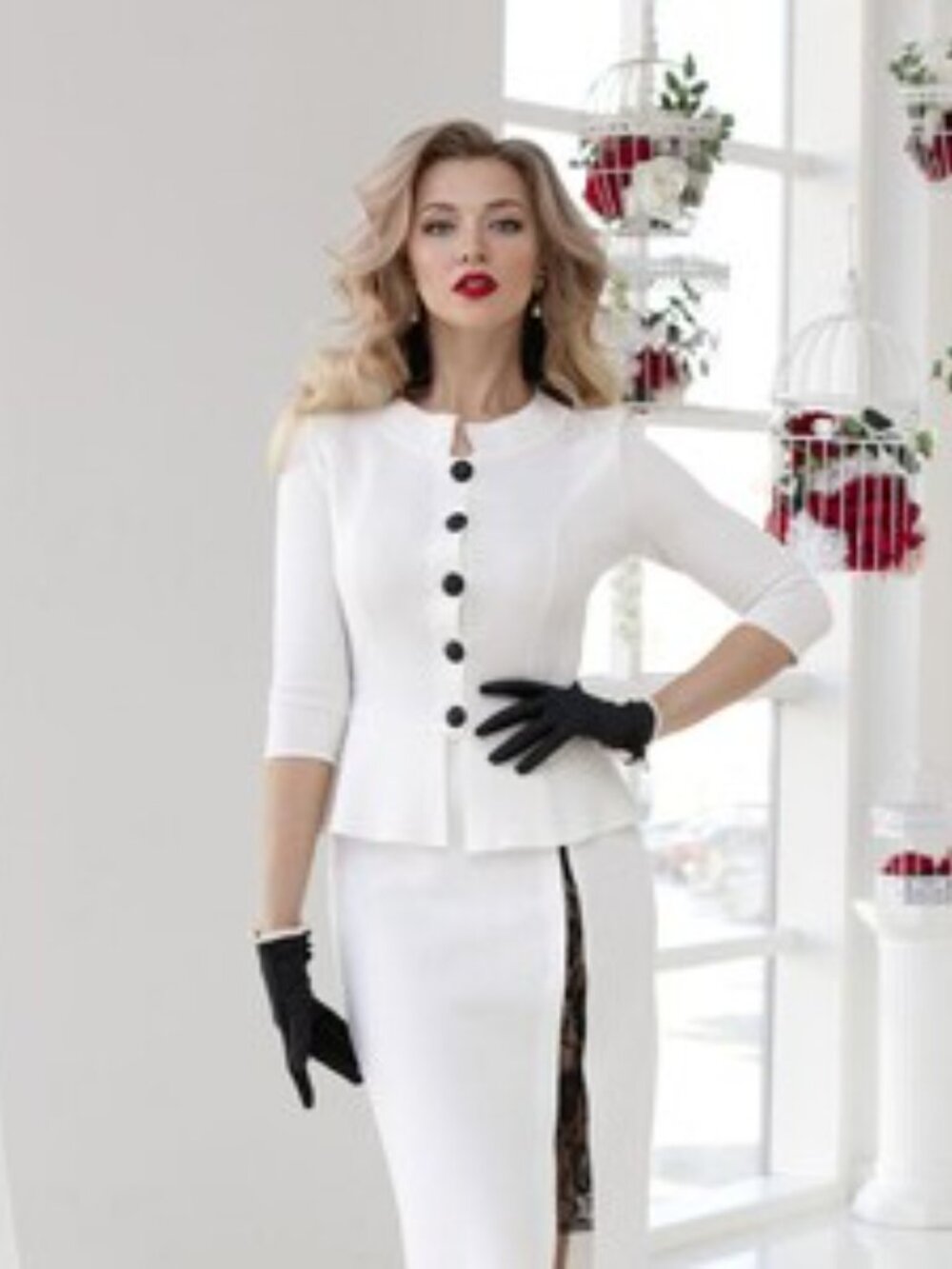 White 2-Piece Vintage-style Skirt Suit with Black Lace Slit